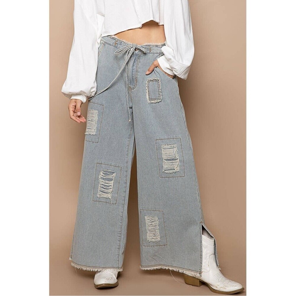 POL Striped Wide-Leg Distressed Jeans in Light Blue